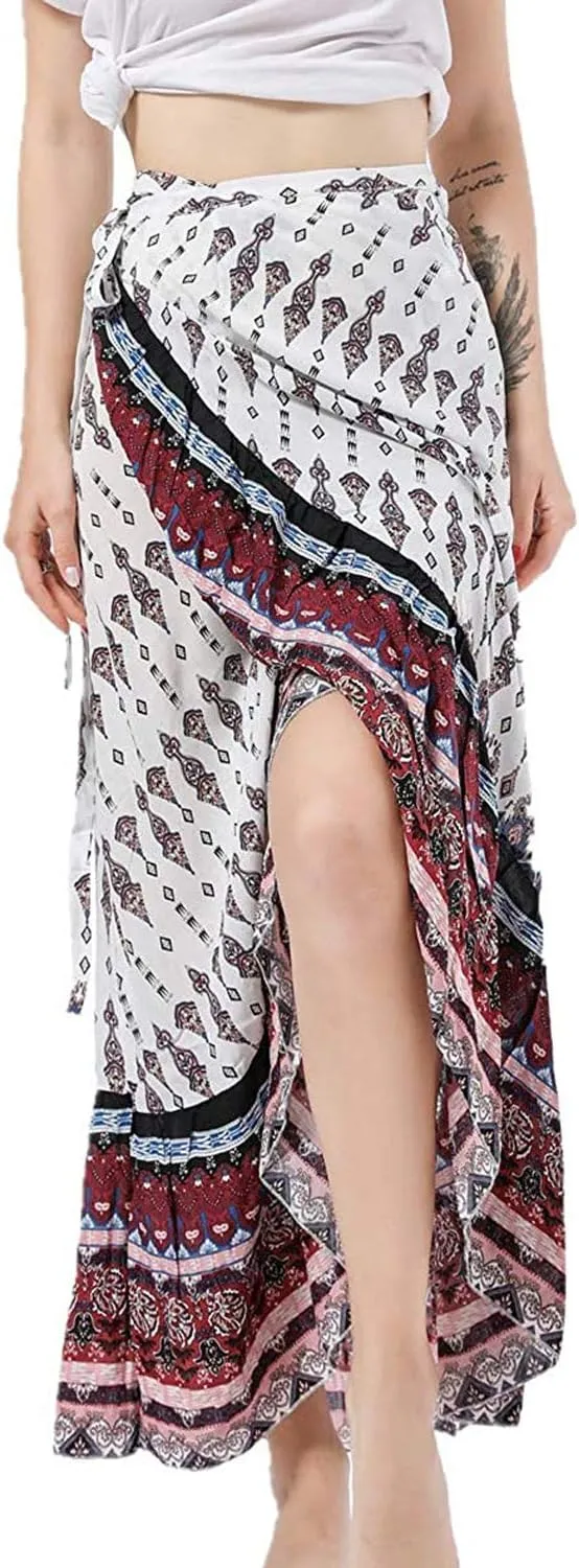 Women's High Waist Long Boho Print Skirt Gypsy Dress Bohemian Side Wrap Split Ruffled Asymmetric Hem Maxi Skirt,one size