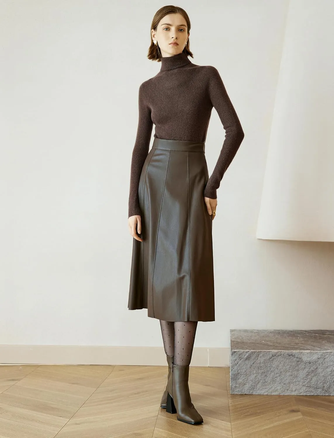 Women's High Waisted PU Leather Skirts, A-Line Midi Length Classical Skirt
