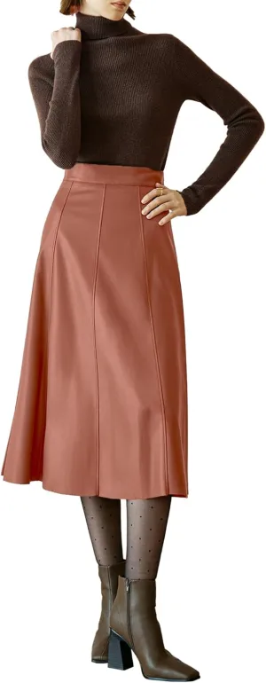 Women's High Waisted PU Leather Skirts, A-Line Midi Length Classical Skirt