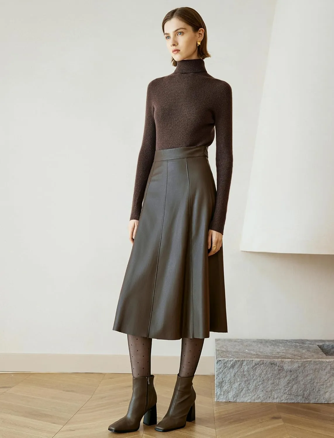 Women's High Waisted PU Leather Skirts, A-Line Midi Length Classical Skirt
