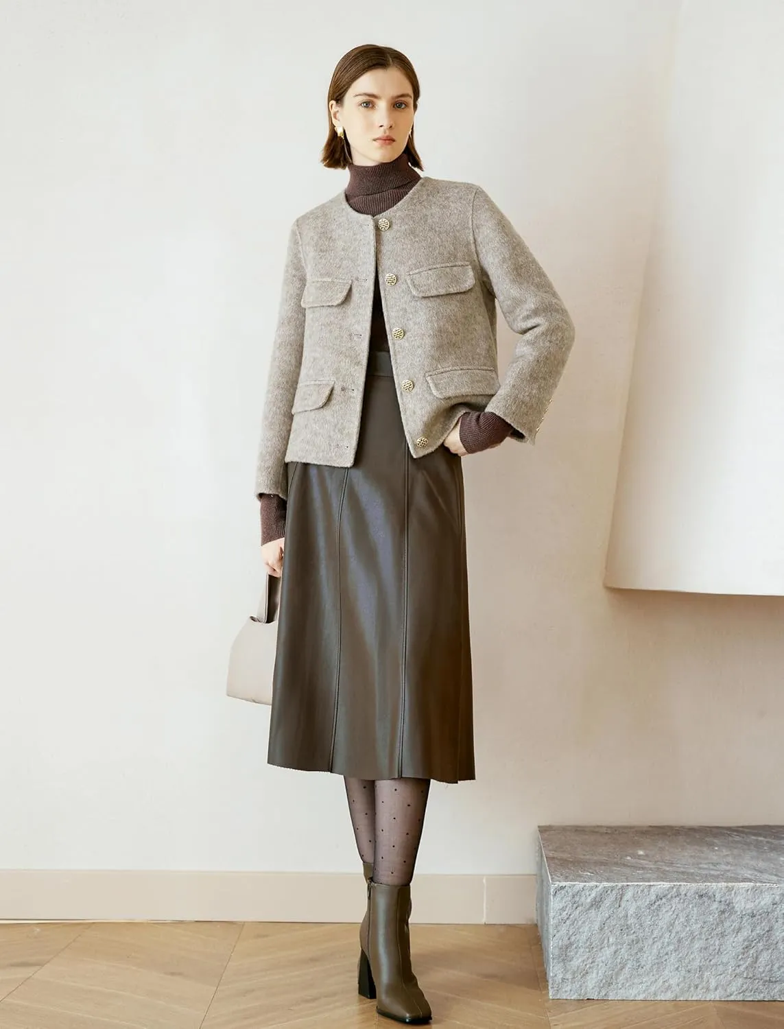 Women's High Waisted PU Leather Skirts, A-Line Midi Length Classical Skirt