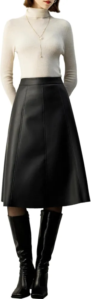 Women's High Waisted PU Leather Skirts, A-Line Midi Length Classical Skirt