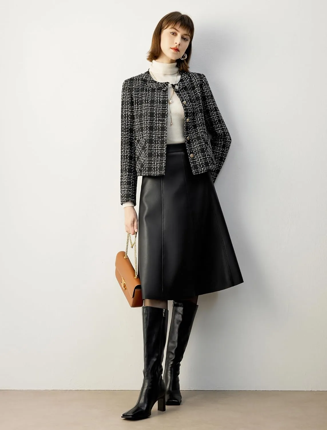 Women's High Waisted PU Leather Skirts, A-Line Midi Length Classical Skirt