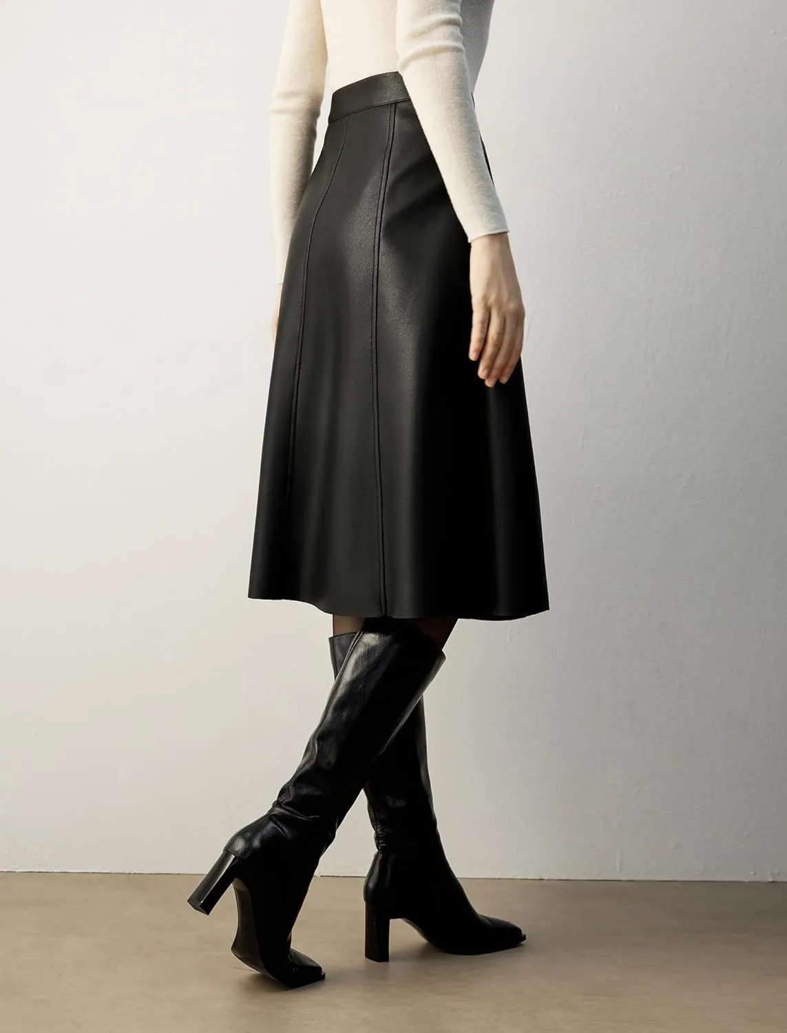 Women's High Waisted PU Leather Skirts, A-Line Midi Length Classical Skirt