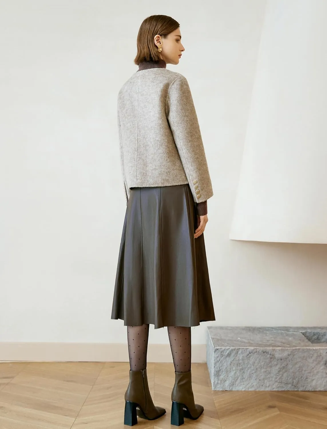 Women's High Waisted PU Leather Skirts, A-Line Midi Length Classical Skirt