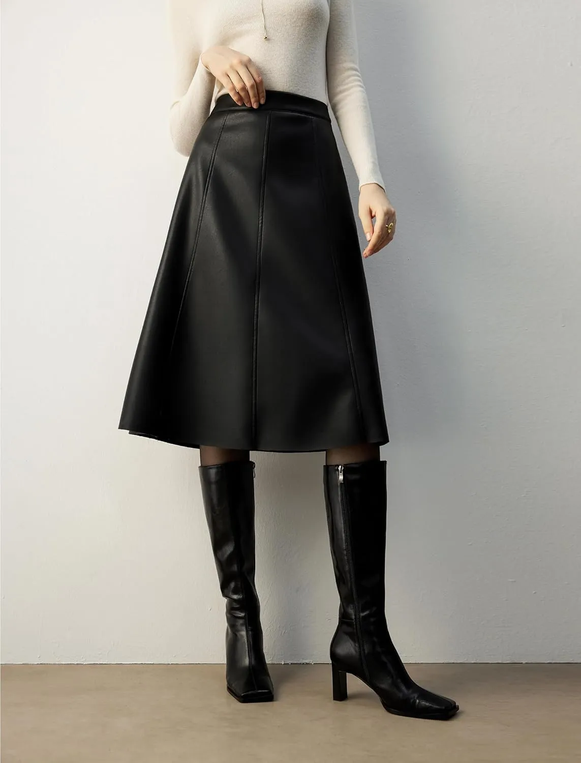 Women's High Waisted PU Leather Skirts, A-Line Midi Length Classical Skirt