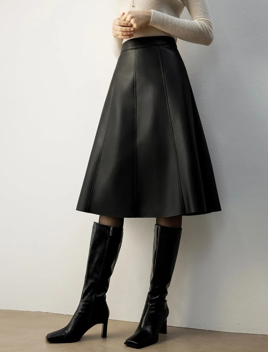 Women's High Waisted PU Leather Skirts, A-Line Midi Length Classical Skirt