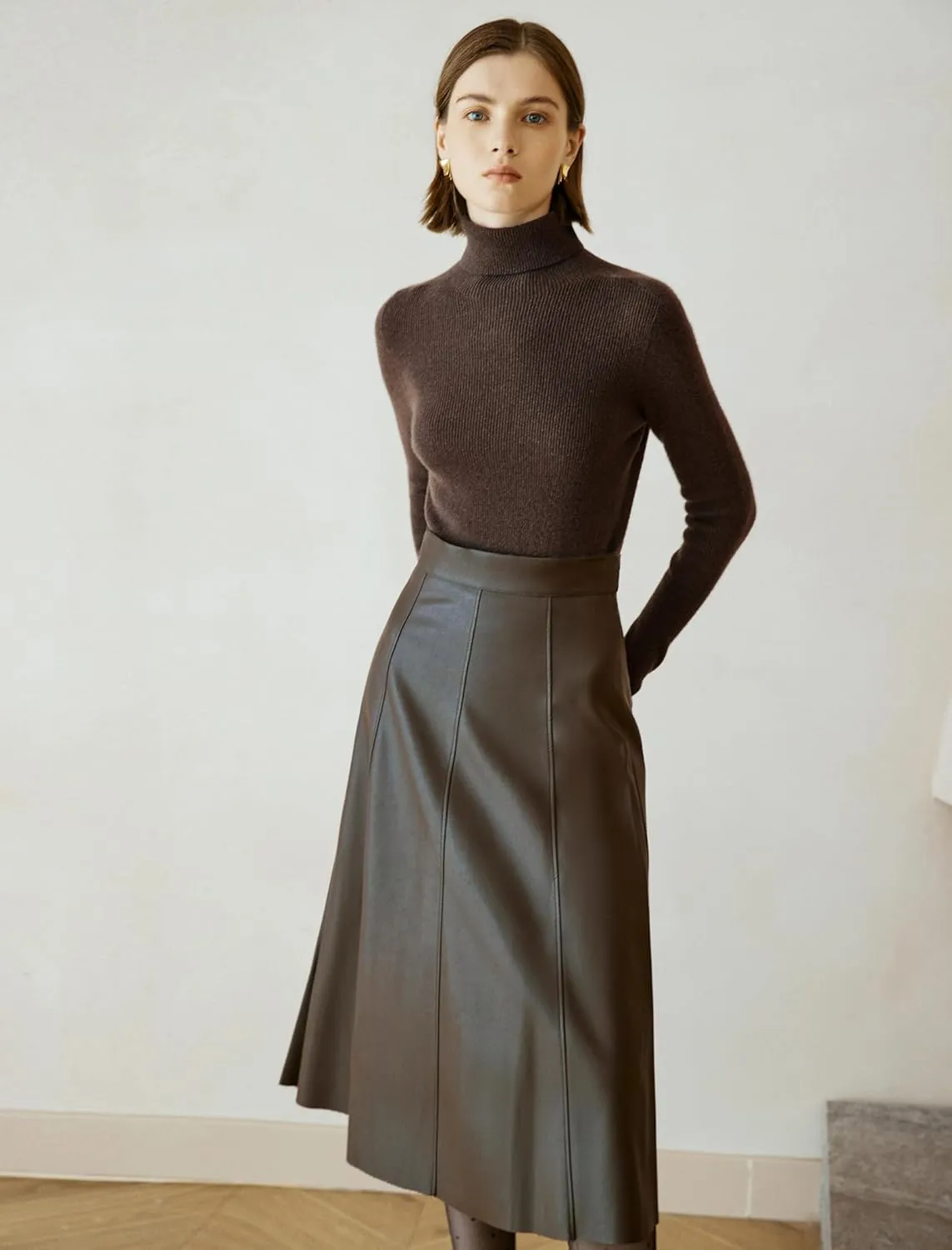 Women's High Waisted PU Leather Skirts, A-Line Midi Length Classical Skirt