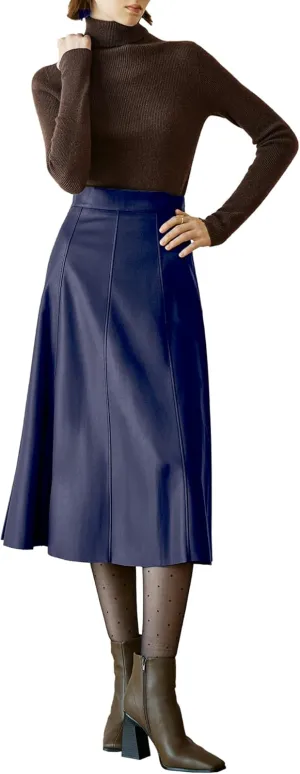 Women's High Waisted PU Leather Skirts, A-Line Midi Length Classical Skirt