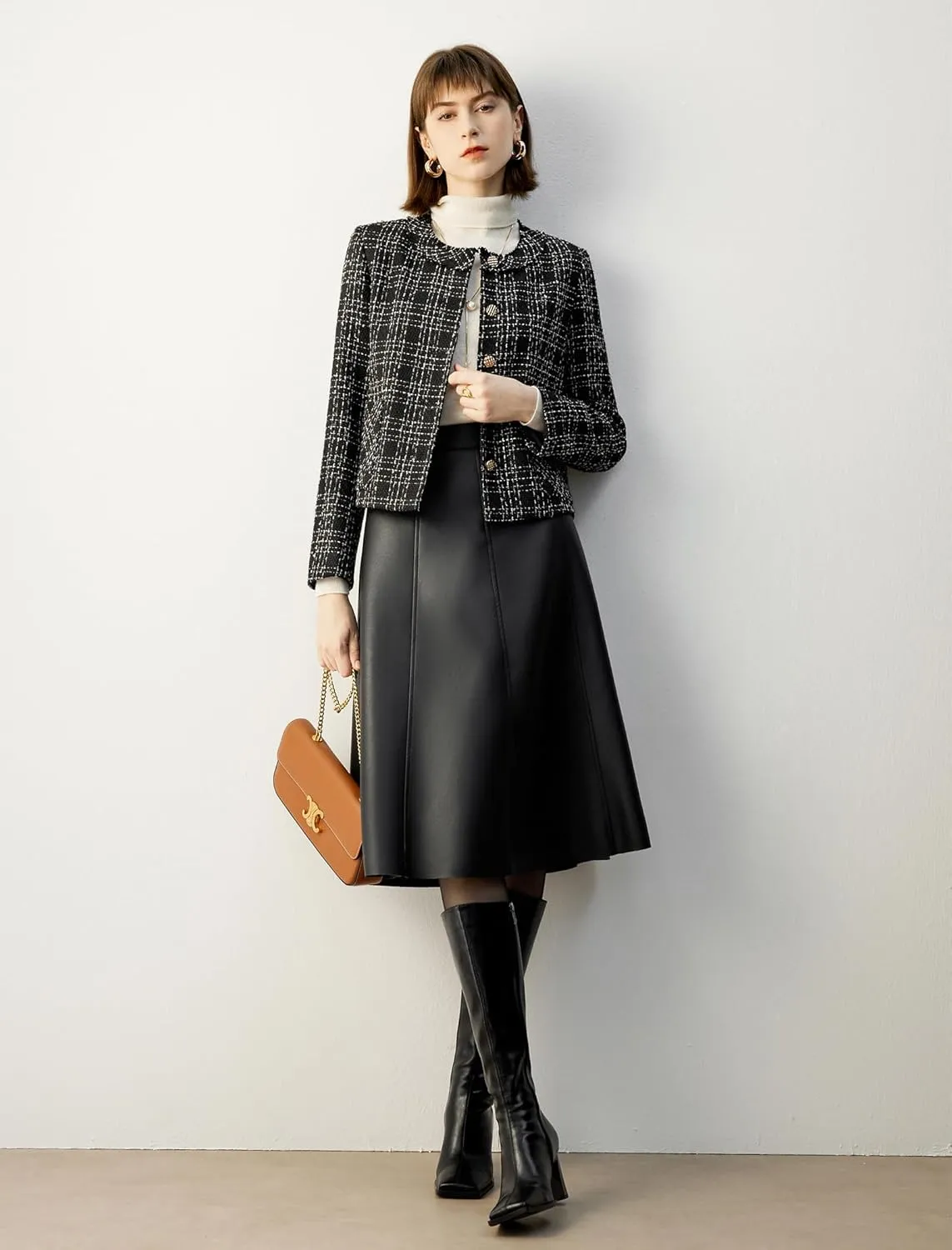 Women's High Waisted PU Leather Skirts, A-Line Midi Length Classical Skirt