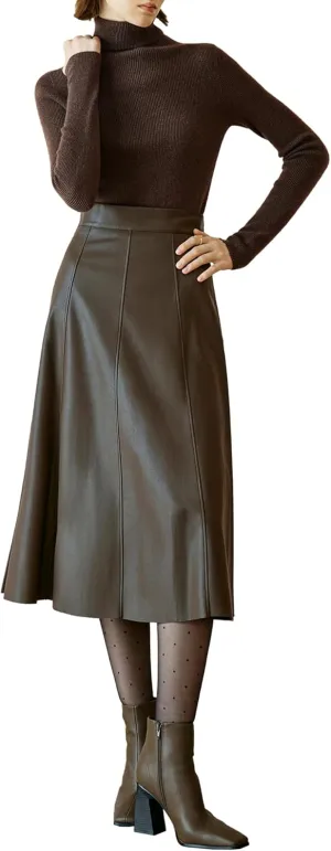 Women's High Waisted PU Leather Skirts, A-Line Midi Length Classical Skirt