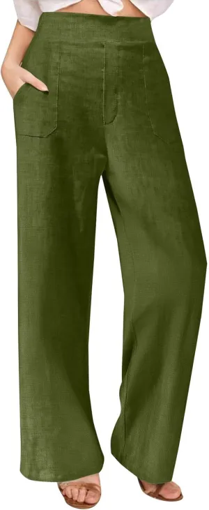 Womens Linen Pants Wide Leg Casual Baggy Trousers Pocketed Summer Palazzo Pants 2025 Beach Travel Vacation Outfits