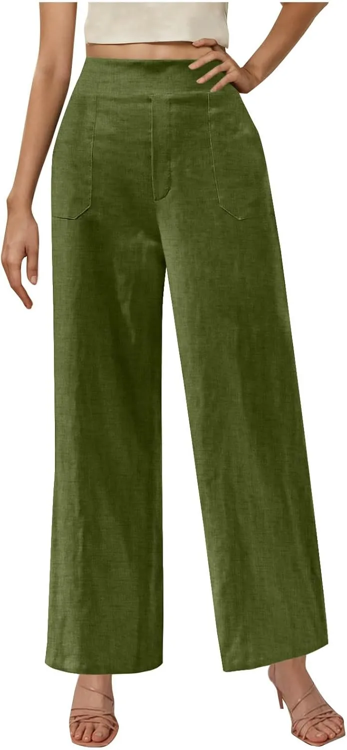 Womens Linen Pants Wide Leg Casual Baggy Trousers Pocketed Summer Palazzo Pants 2025 Beach Travel Vacation Outfits