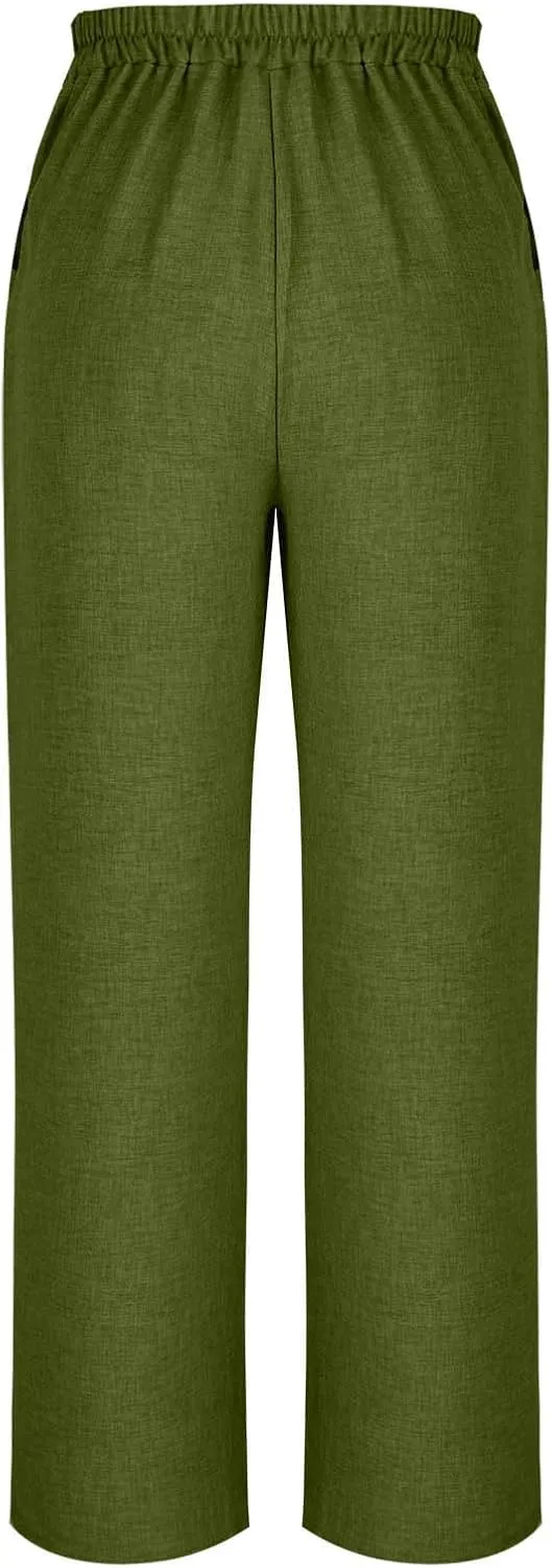 Womens Linen Pants Wide Leg Casual Baggy Trousers Pocketed Summer Palazzo Pants 2025 Beach Travel Vacation Outfits