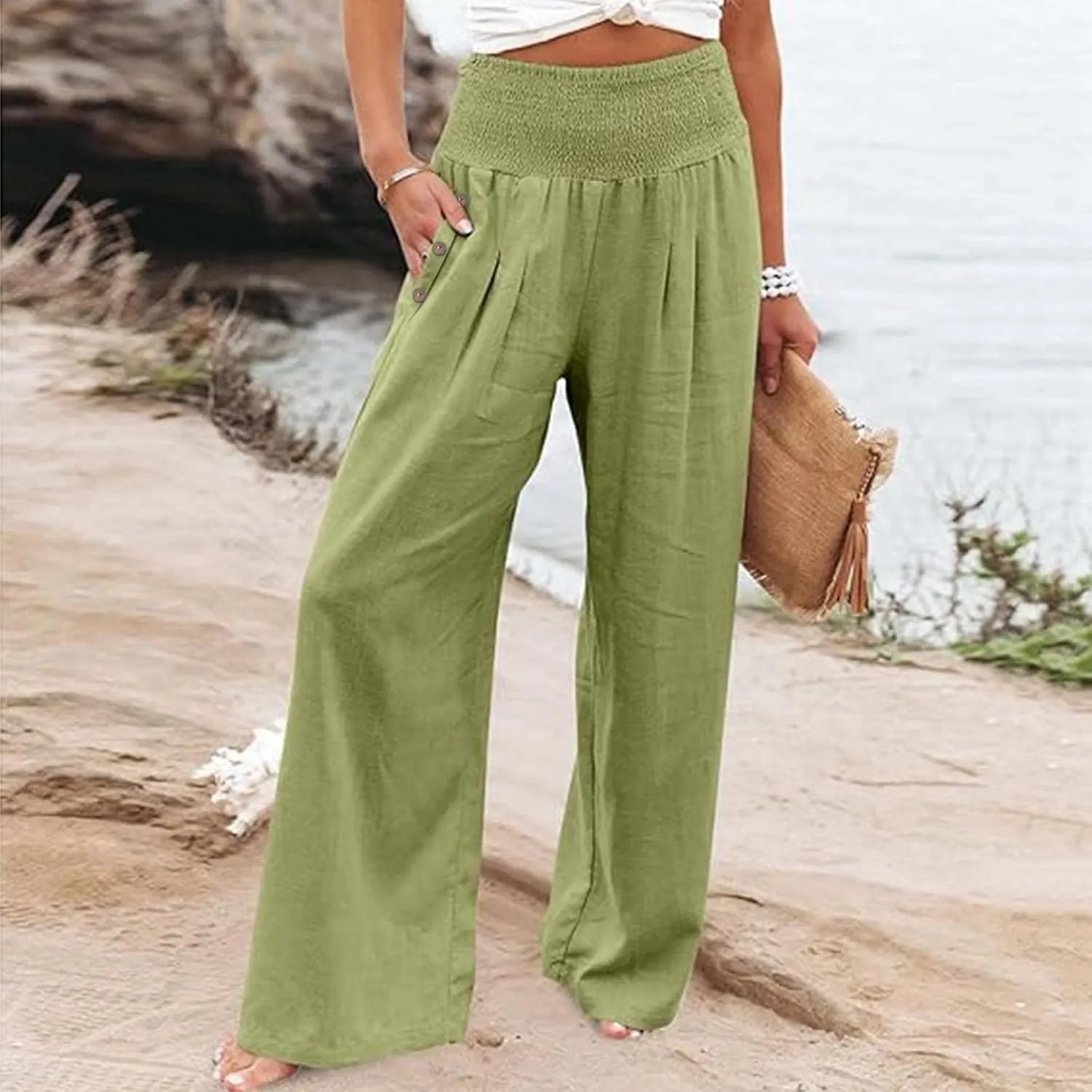 Women's Linen Summer Palazzo Pants Flowy High Waisted Wide Leg Beach Pants Casual Loose Fit Pocketed Paperbag Trouser