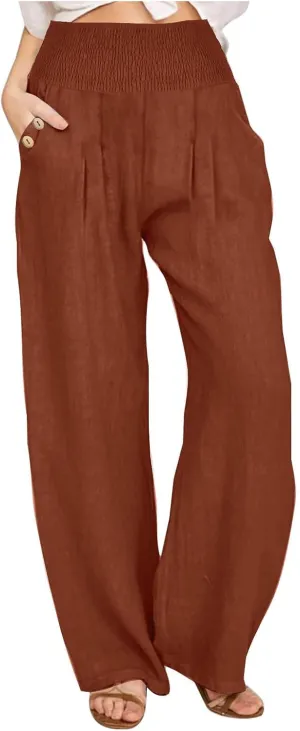 Women's Linen Summer Palazzo Pants Flowy High Waisted Wide Leg Beach Pants Casual Loose Fit Pocketed Paperbag Trouser