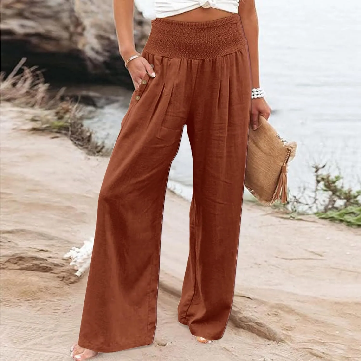 Women's Linen Summer Palazzo Pants Flowy High Waisted Wide Leg Beach Pants Casual Loose Fit Pocketed Paperbag Trouser