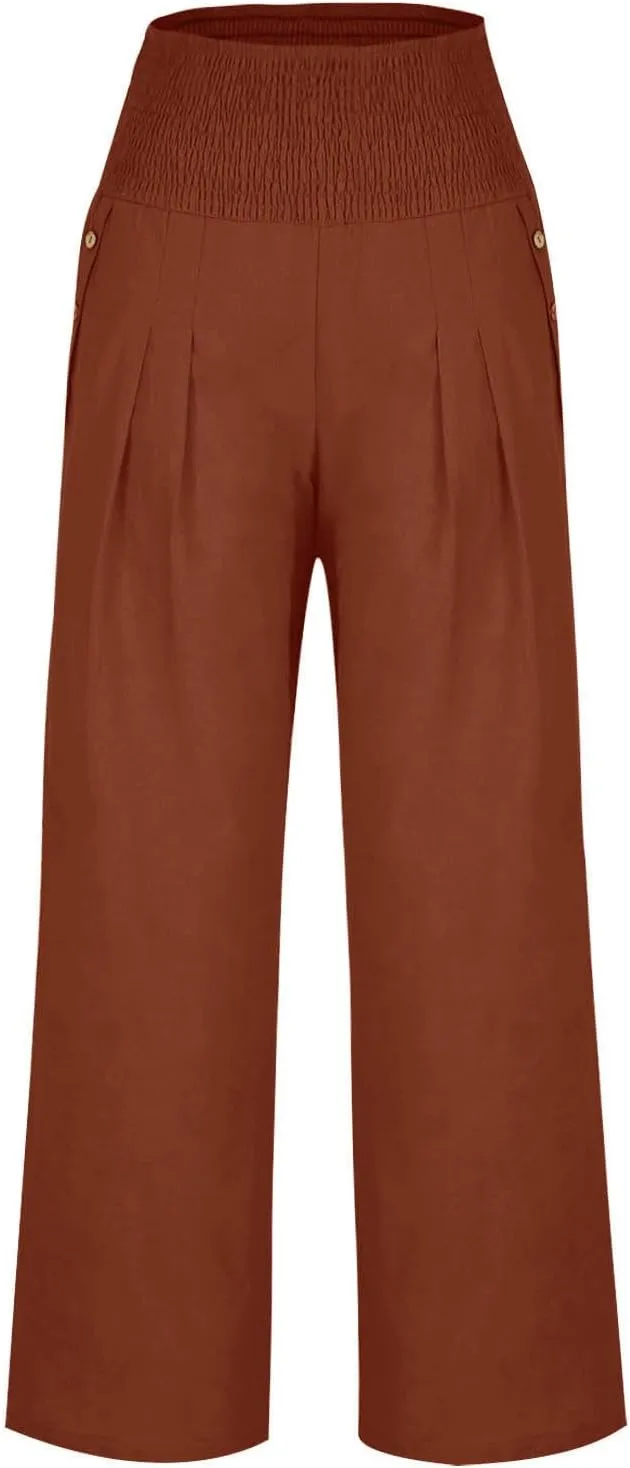 Women's Linen Summer Palazzo Pants Flowy High Waisted Wide Leg Beach Pants Casual Loose Fit Pocketed Paperbag Trouser