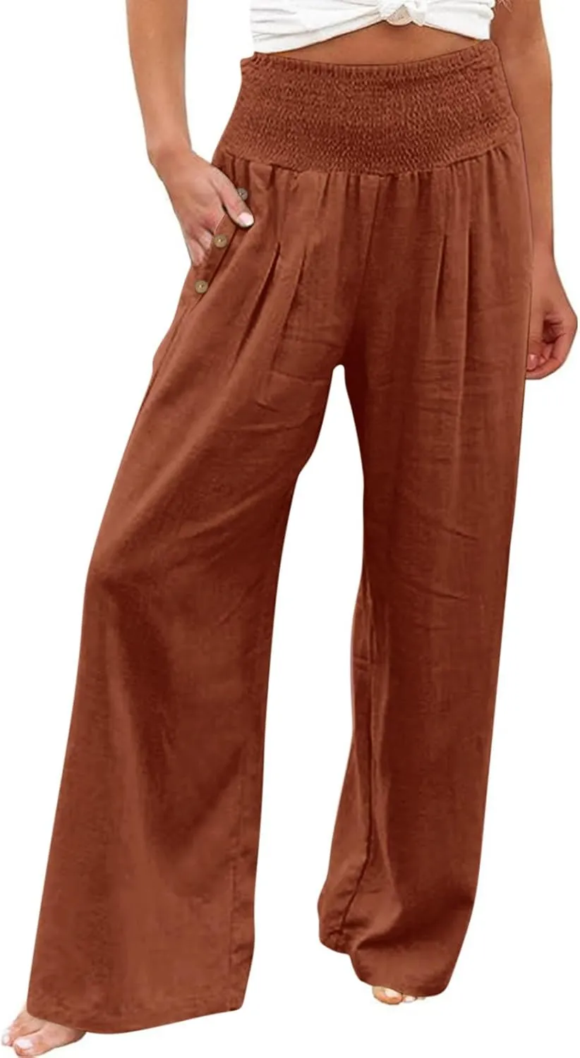 Women's Linen Summer Palazzo Pants Flowy High Waisted Wide Leg Beach Pants Casual Loose Fit Pocketed Paperbag Trouser