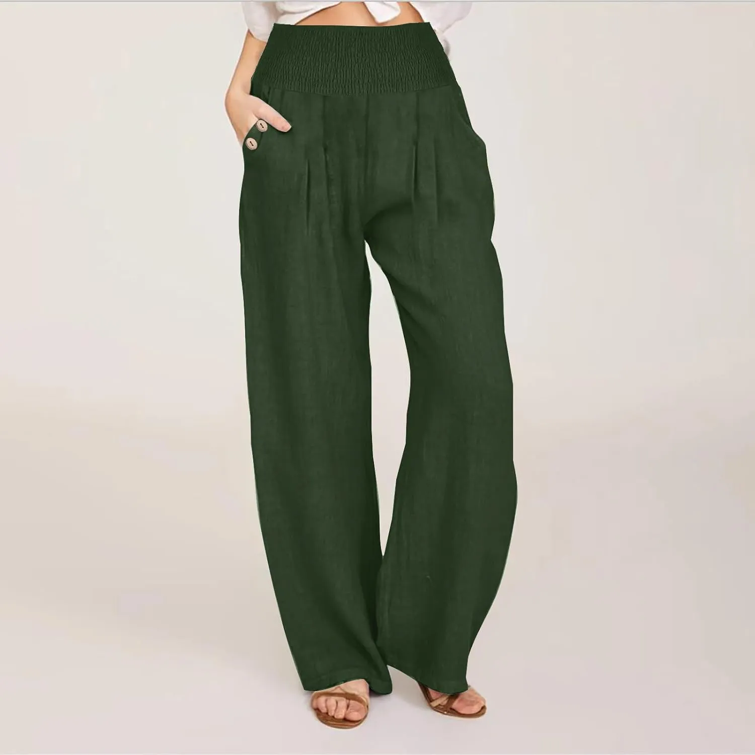 Women's Linen Summer Palazzo Pants Flowy High Waisted Wide Leg Beach Pants Casual Loose Fit Pocketed Paperbag Trouser