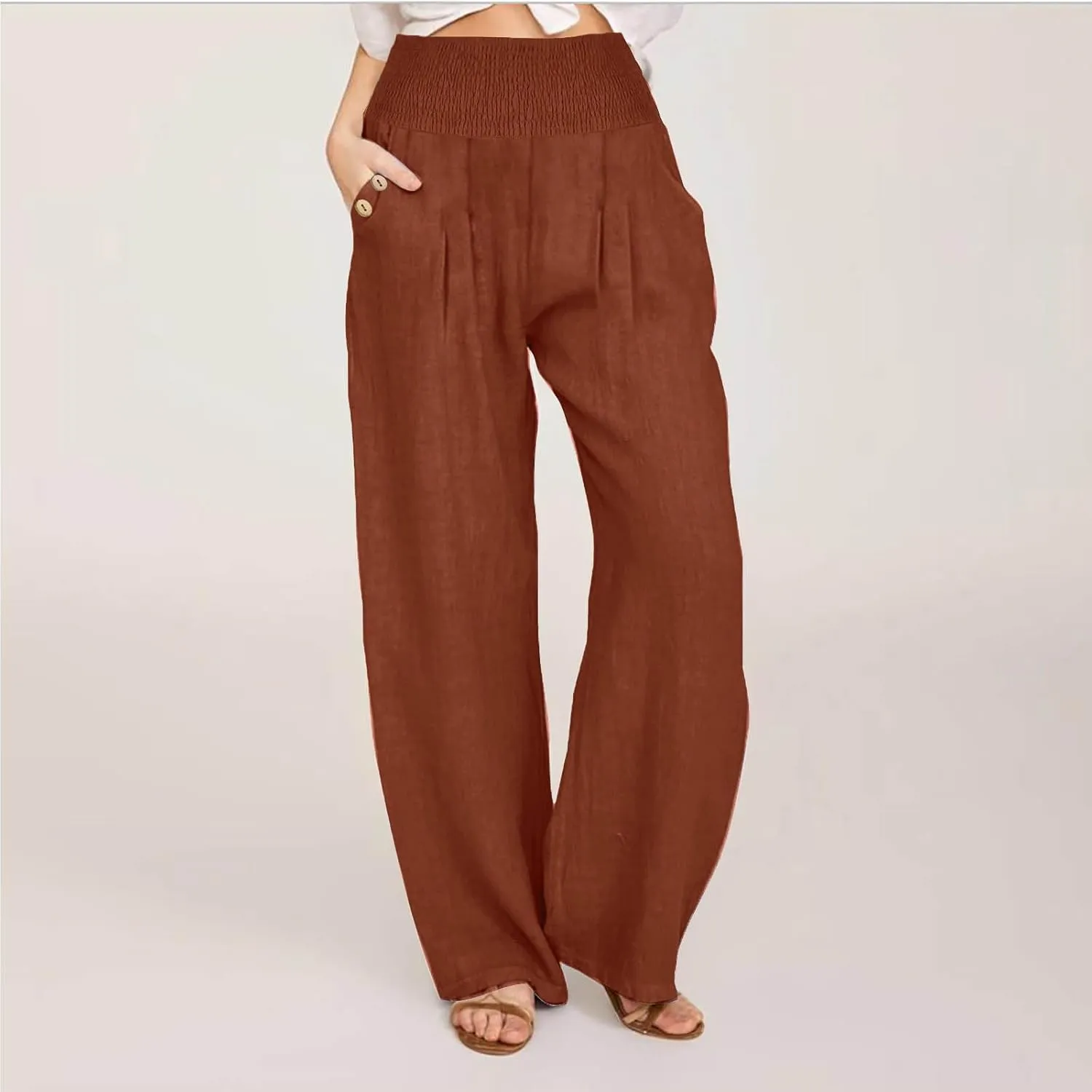 Women's Linen Summer Palazzo Pants Flowy High Waisted Wide Leg Beach Pants Casual Loose Fit Pocketed Paperbag Trouser
