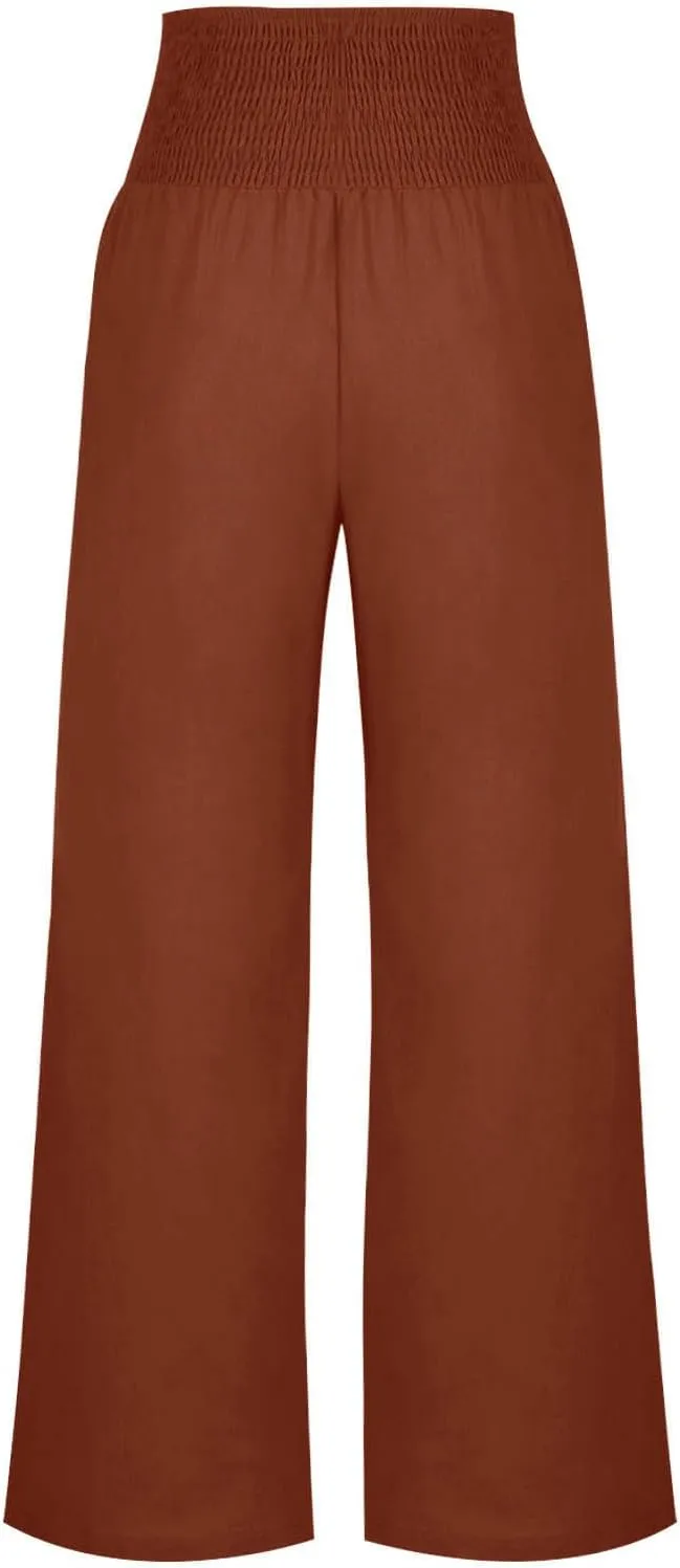 Women's Linen Summer Palazzo Pants Flowy High Waisted Wide Leg Beach Pants Casual Loose Fit Pocketed Paperbag Trouser
