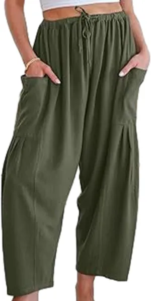 Women's Linen Wide Leg Pants with Pockets, Summer Drawstring High Waist Loose Beach Pants, Pleated Harem Trousers