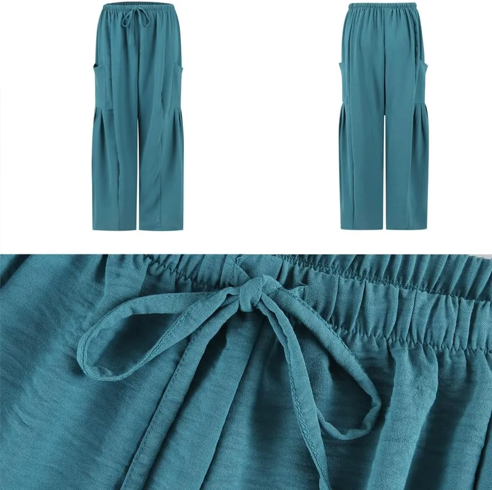 Women's Linen Wide Leg Pants with Pockets, Summer Drawstring High Waist Loose Beach Pants, Pleated Harem Trousers
