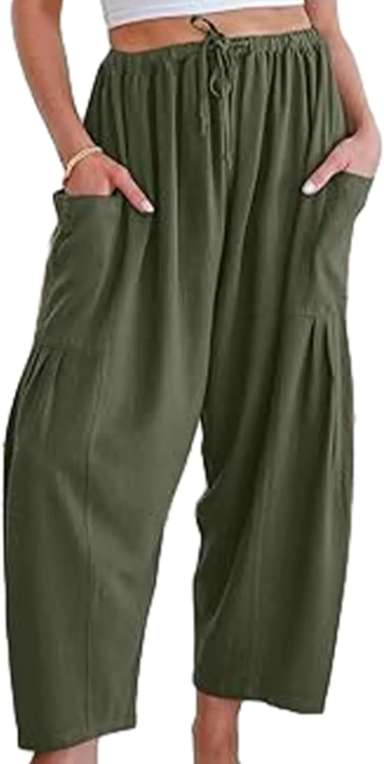 Women's Linen Wide Leg Pants with Pockets, Summer Drawstring High Waist Loose Beach Pants, Pleated Harem Trousers