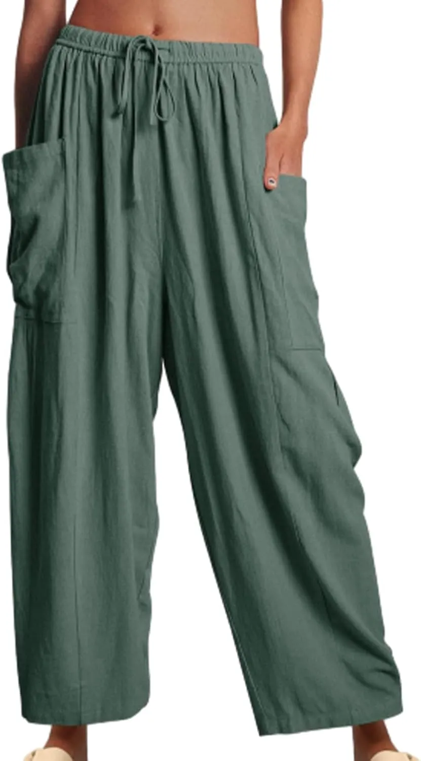Women's Linen Wide Leg Pants with Pockets, Summer Drawstring High Waist Loose Beach Pants, Pleated Harem Trousers