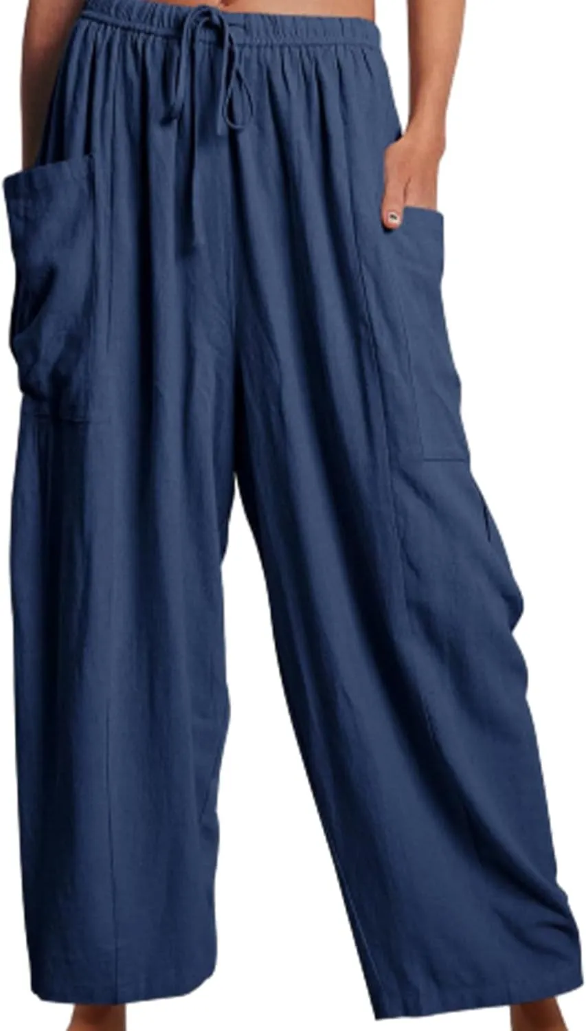 Women's Linen Wide Leg Pants with Pockets, Summer Drawstring High Waist Loose Beach Pants, Pleated Harem Trousers