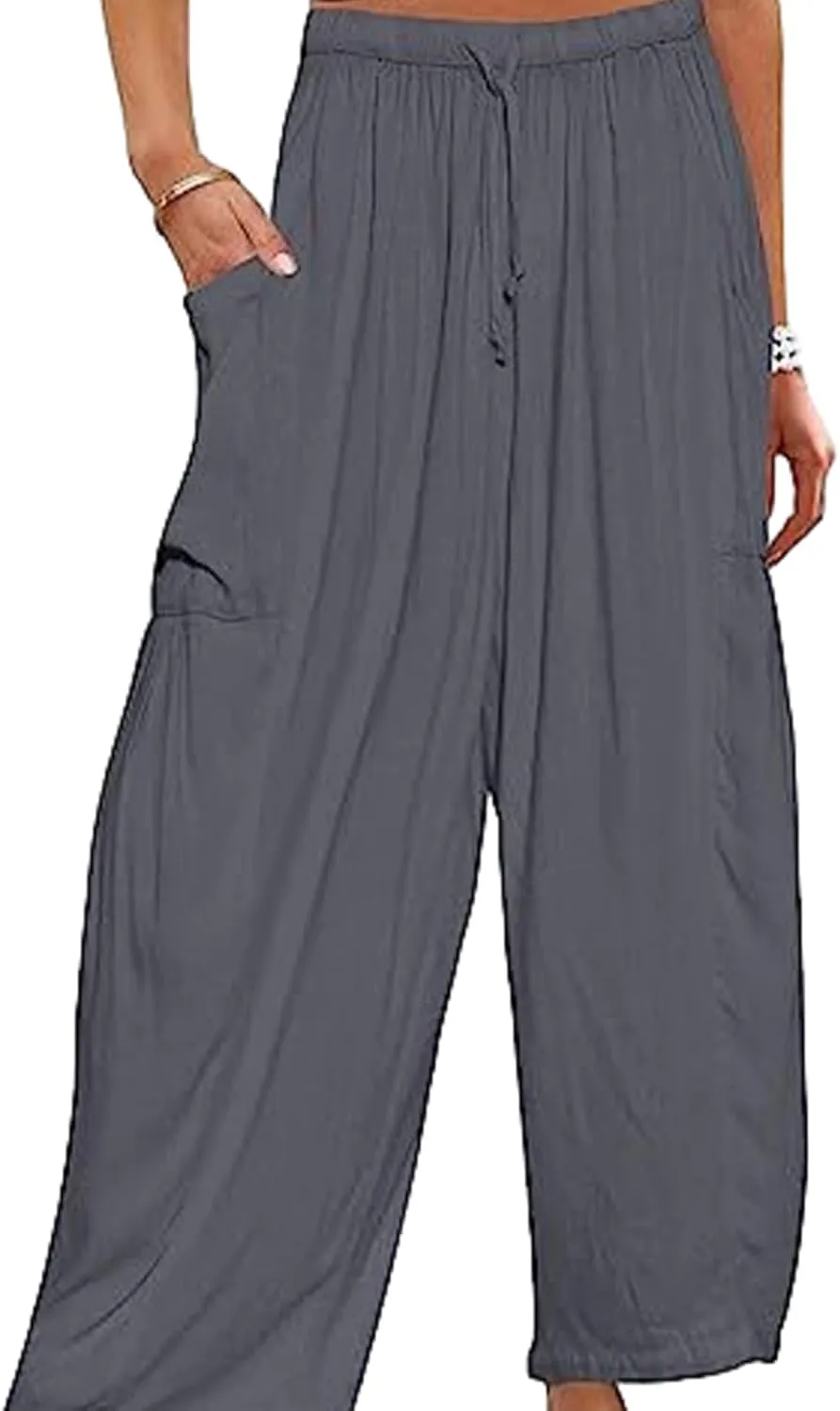 Women's Linen Wide Leg Pants with Pockets, Summer Drawstring High Waist Loose Beach Pants, Pleated Harem Trousers