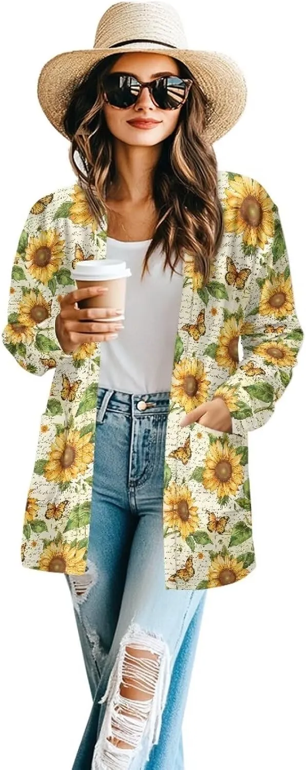 Womens Long Sleeve Jacket Comfy Stretchy V-Neck Open Front Cardigan Top Loose Fit Workout Daily Outwear Size S-2XL