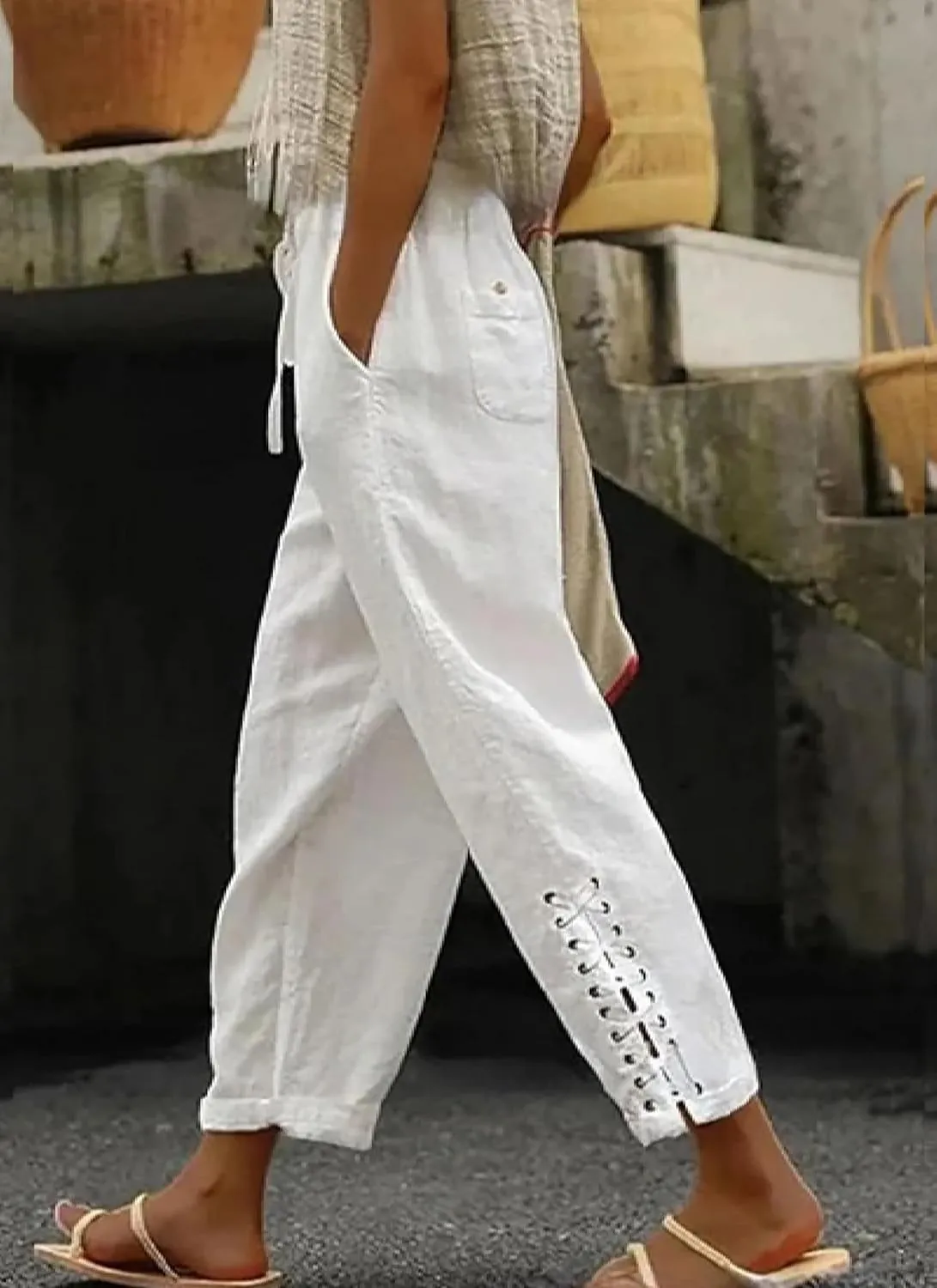 Womens Lounge Wide Leg Pants Casual Summer Loose Striped Drawstring Beach Travel Vacation Palazzo Harem Pants with Pockets