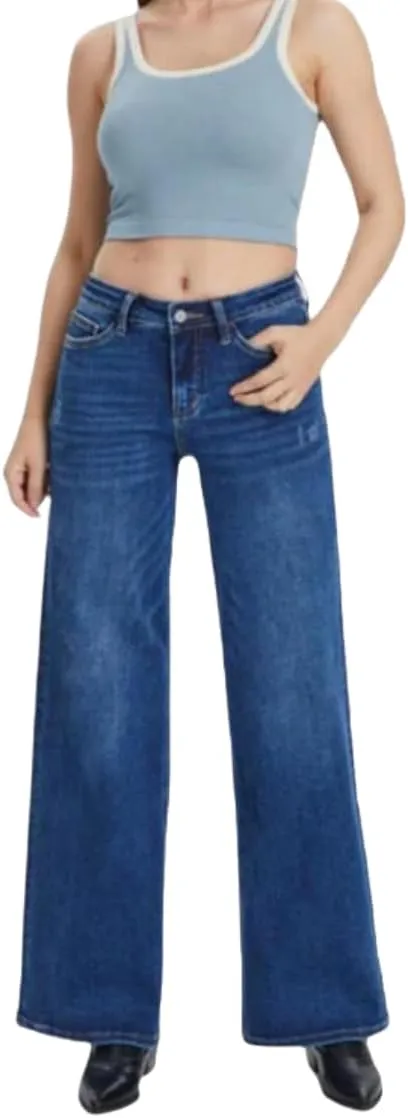 Womens Mid-Low Rise Baggy Jeans Wide Leg for Women Distressed Pants Stretchy Plus Size Bottom Minimalist Denim