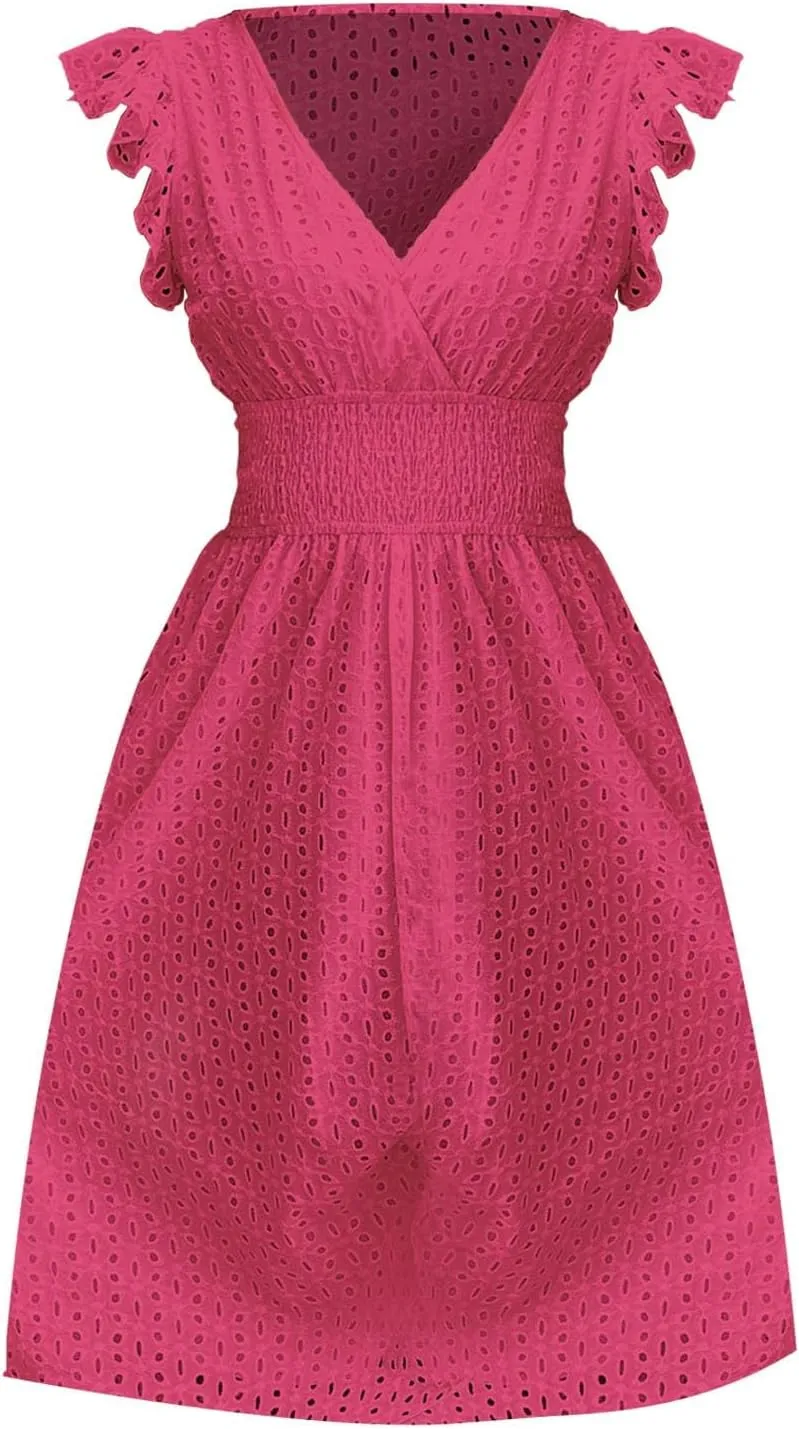 Women's Midi Lace Jacquard Cutout Slimming Sexy V Neck Plus Size Dresses Sheer Sundress