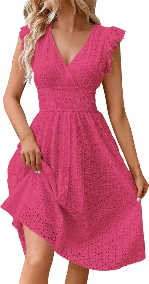 Women's Midi Lace Jacquard Cutout Slimming Sexy V Neck Plus Size Dresses Sheer Sundress