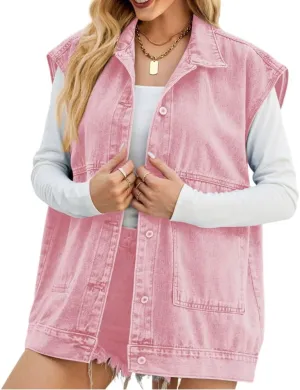 Women's Oversized Denim Button Down Sleeveless Vest Jacket Casual Loose Lapel Midi Jean Waistcoat Gilet with Pockets