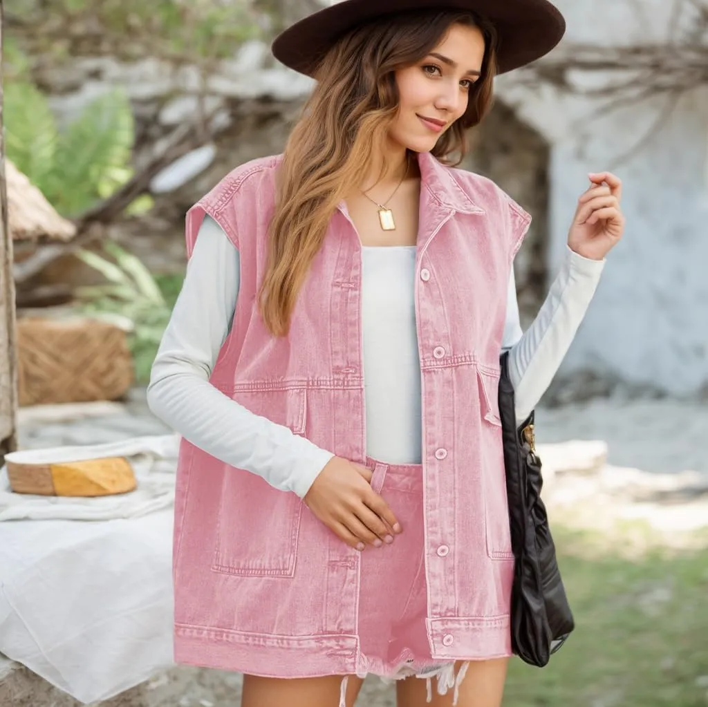 Women's Oversized Denim Button Down Sleeveless Vest Jacket Casual Loose Lapel Midi Jean Waistcoat Gilet with Pockets