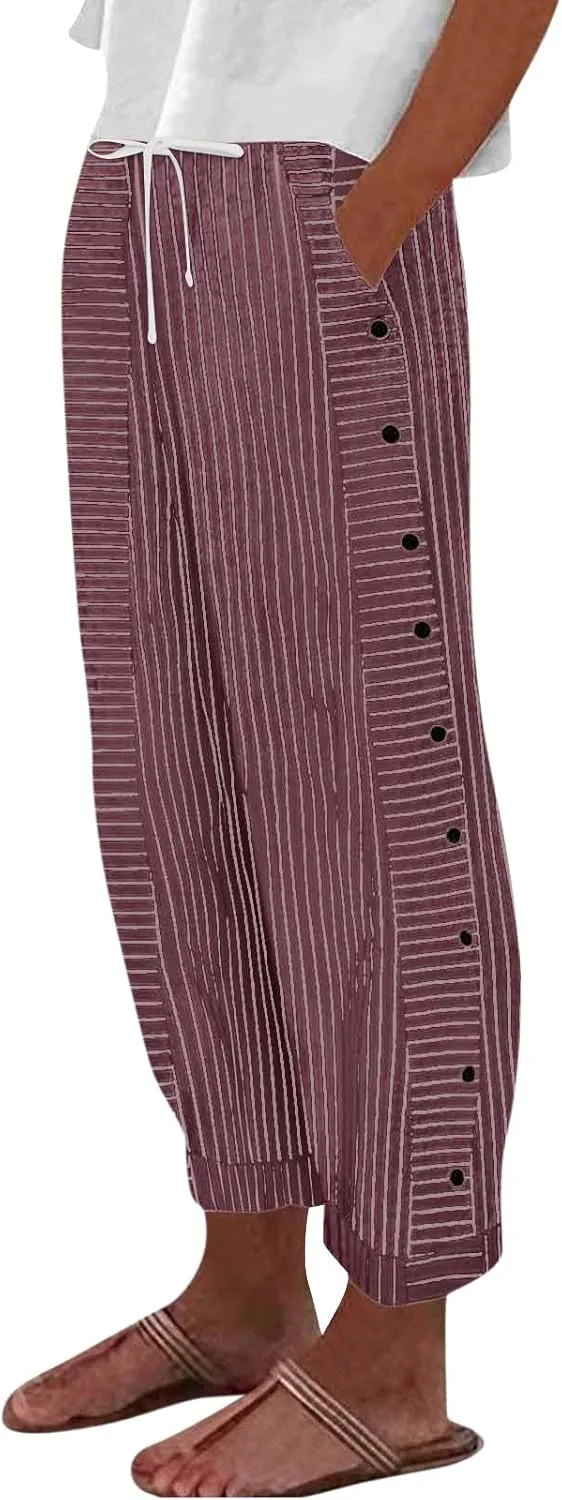 Womens Pants, Linen Straight Leg Casual Pants Peasant Drawstring Solid Color Trendy