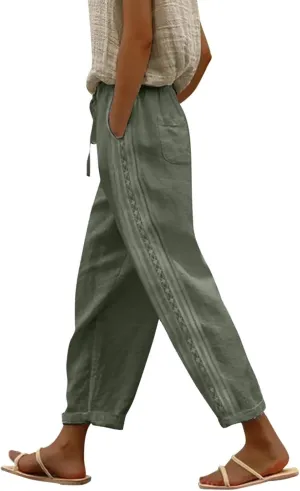 Women's Pants, Linen Striped Side Peasant Pants Straight Leg Casual Wide Trendy
