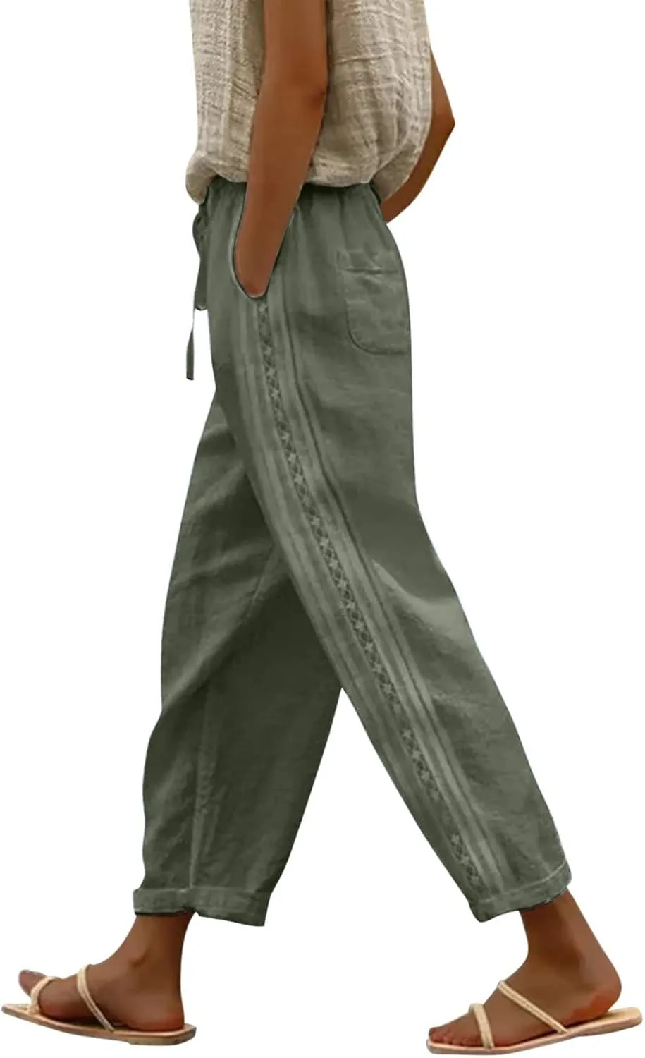 Women's Pants, Linen Striped Side Peasant Pants Straight Leg Casual Wide Trendy