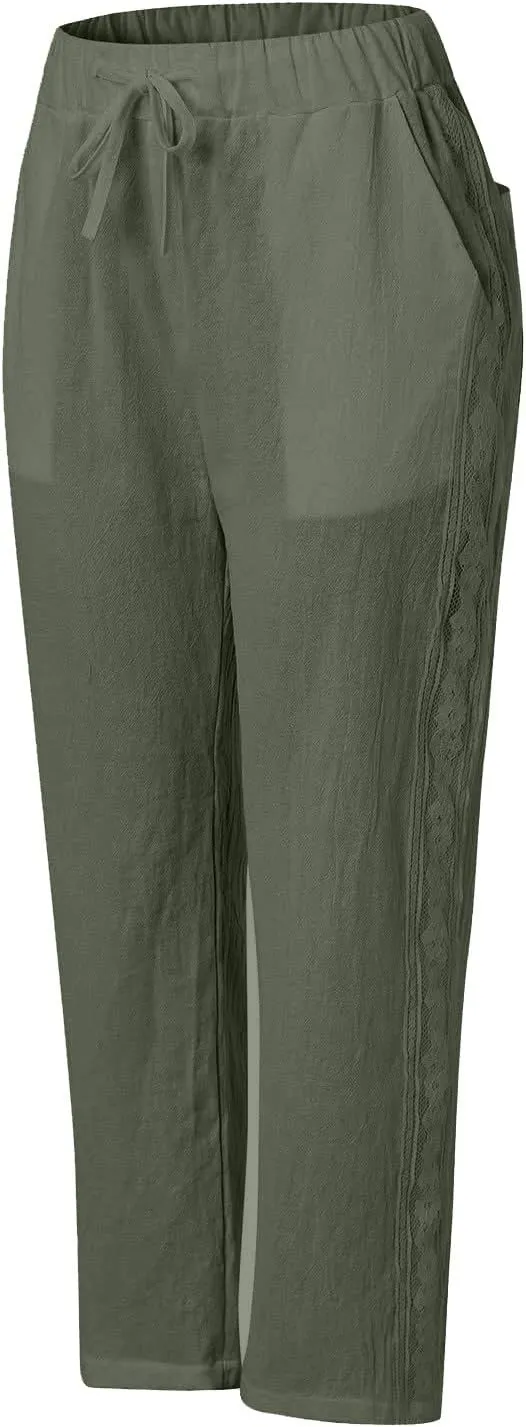 Women's Pants, Linen Striped Side Peasant Pants Straight Leg Casual Wide Trendy