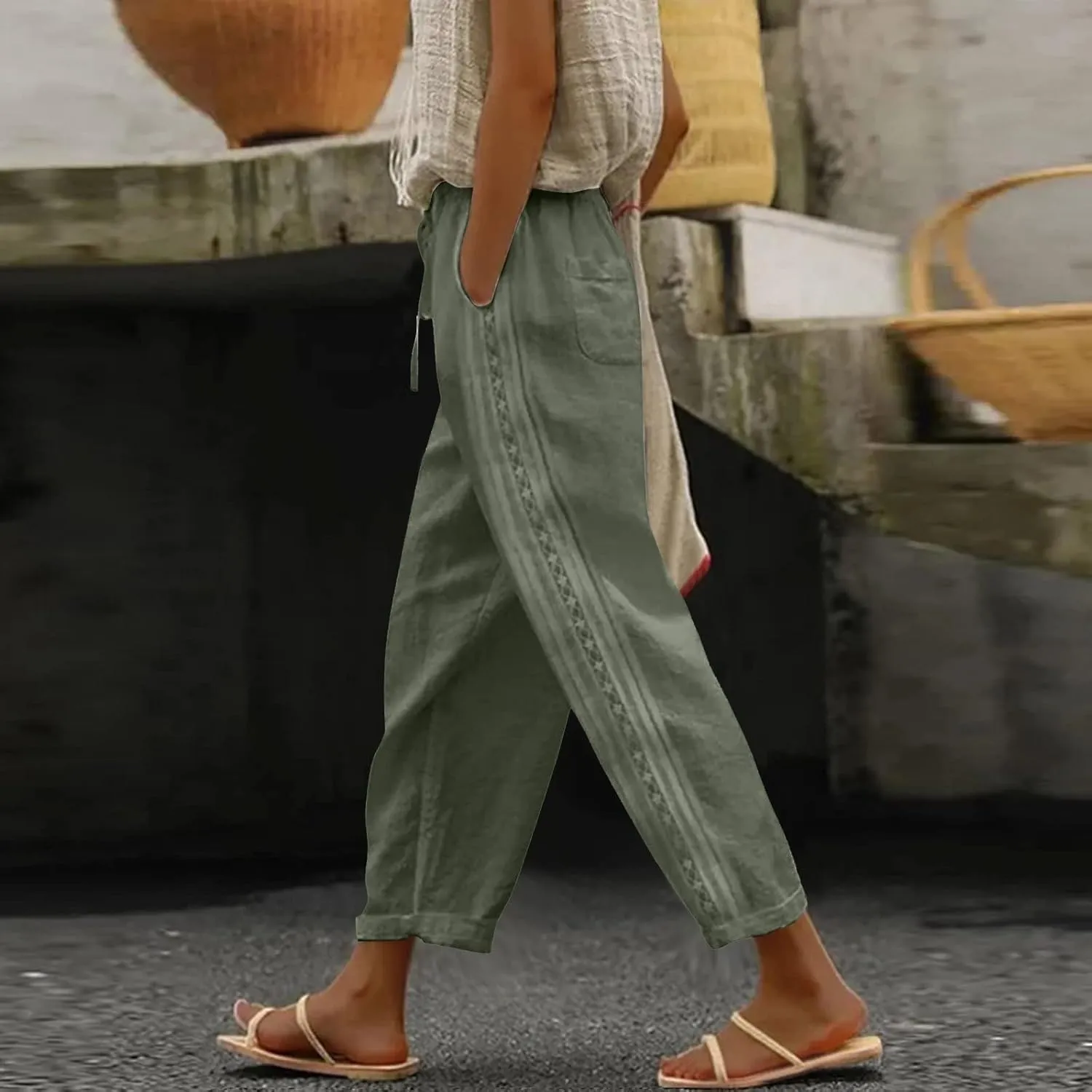 Women's Pants, Linen Striped Side Peasant Pants Straight Leg Casual Wide Trendy