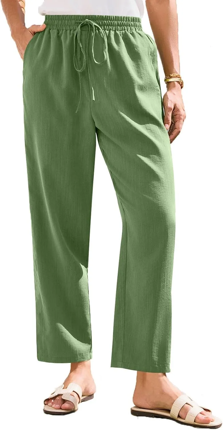 Womens Pants, Straight Leg Plaid Casual Pants Linen Peasant Teacher Trendy Lounge