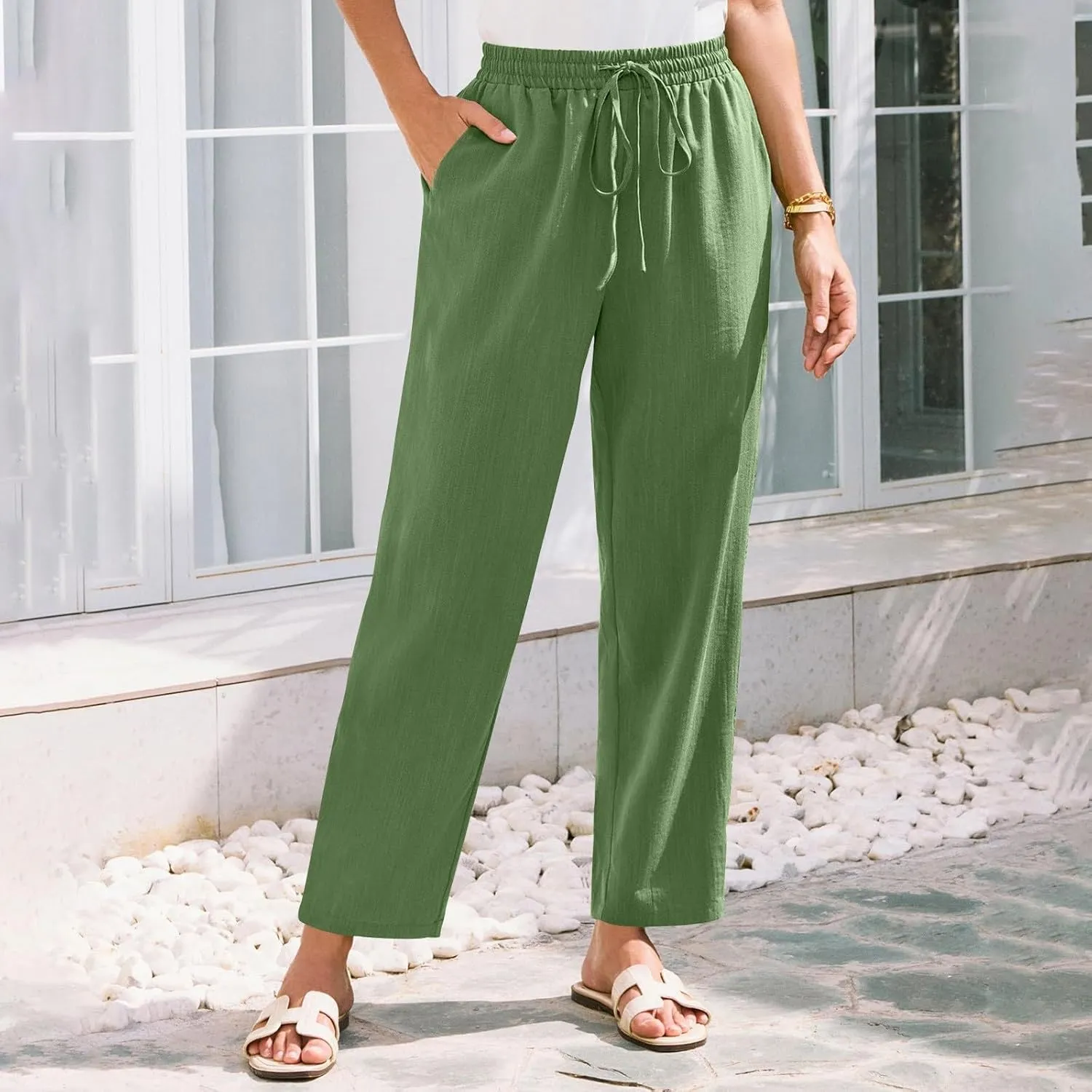 Womens Pants, Straight Leg Plaid Casual Pants Linen Peasant Teacher Trendy Lounge