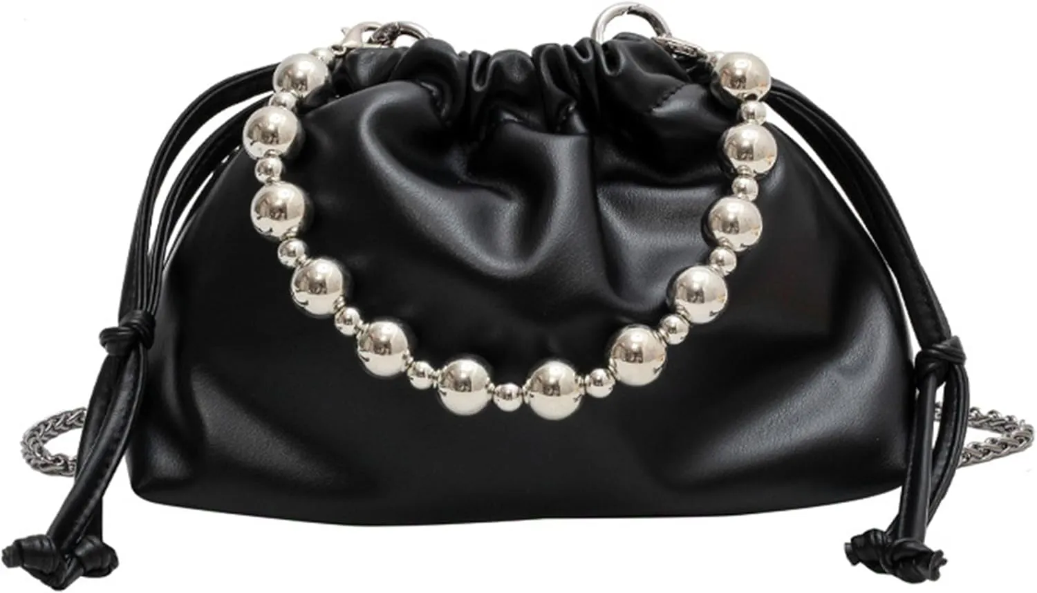 Women's PU Leather Crossbody Drawstring Shoulder Handbag Beads Bucket Bag Chain Satchel Purse for Prom Party Weddingbag1816OWOISS