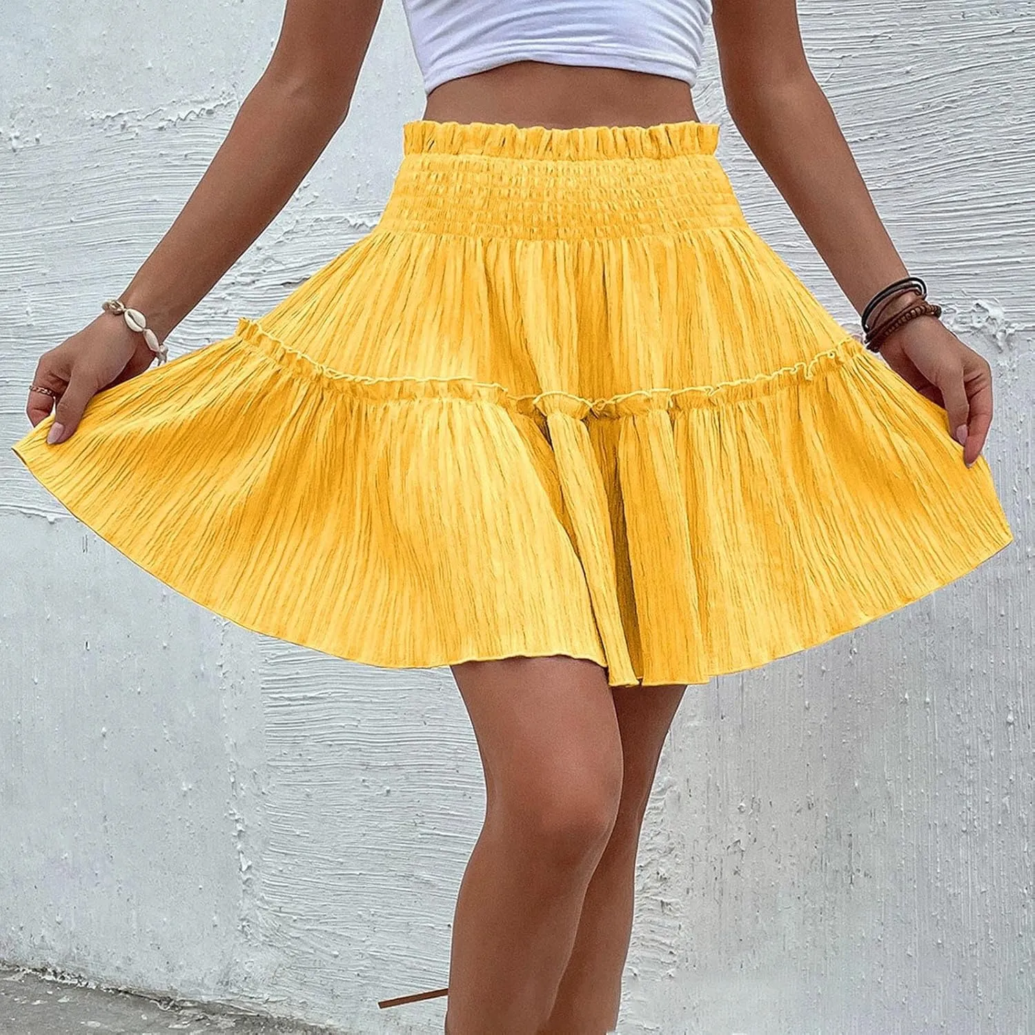 Womens Ruffle Mini Skirt Casual Summer High Waisted Flowy Vacation Boho Beach Trendy Loose Relaxed Fit Short Skirts