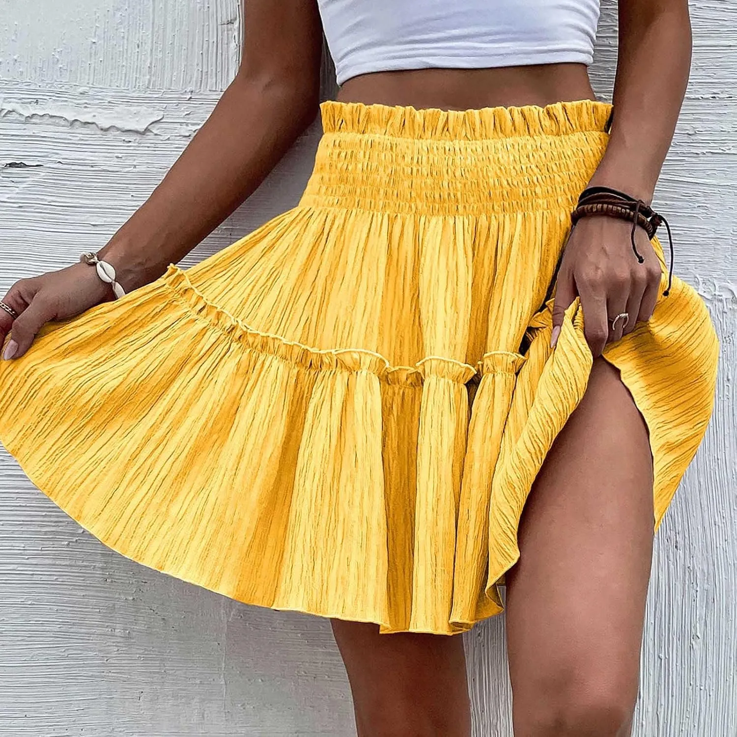 Womens Ruffle Mini Skirt Casual Summer High Waisted Flowy Vacation Boho Beach Trendy Loose Relaxed Fit Short Skirts