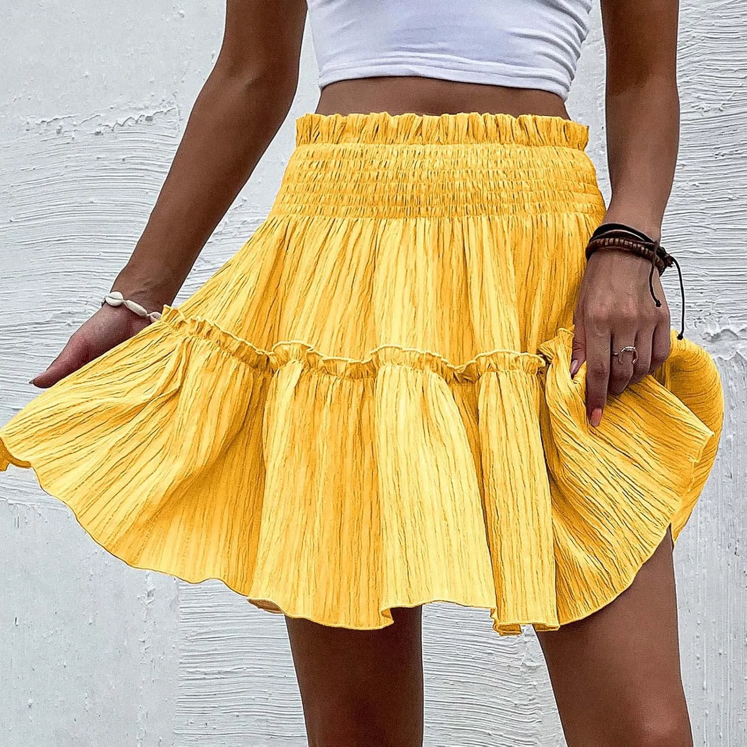Womens Ruffle Mini Skirt Casual Summer High Waisted Flowy Vacation Boho Beach Trendy Loose Relaxed Fit Short Skirts